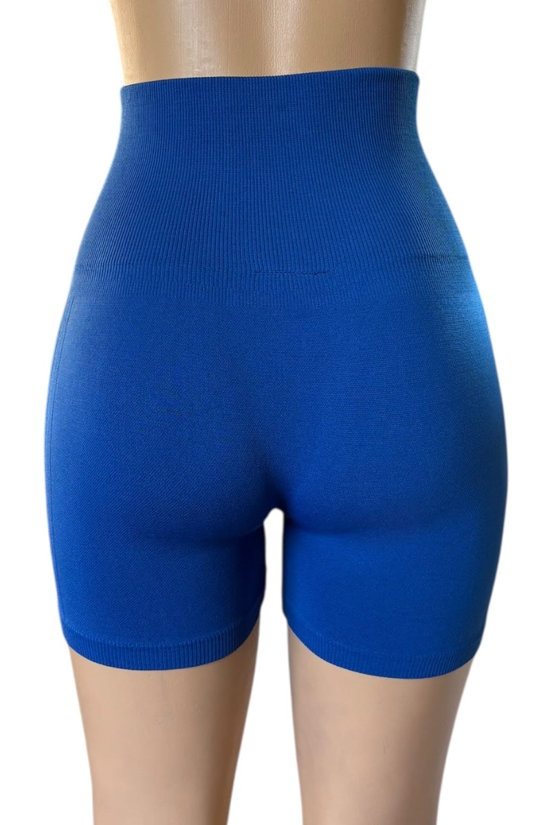 Blue shapewear shorts on a mannequin against a white background