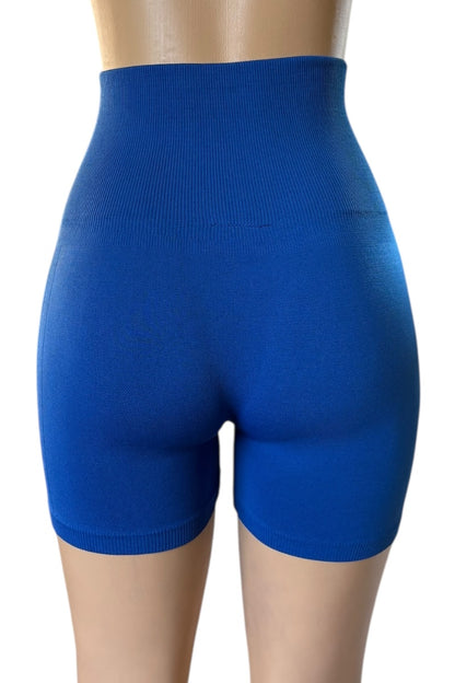 Blue shapewear shorts on a mannequin against a white background