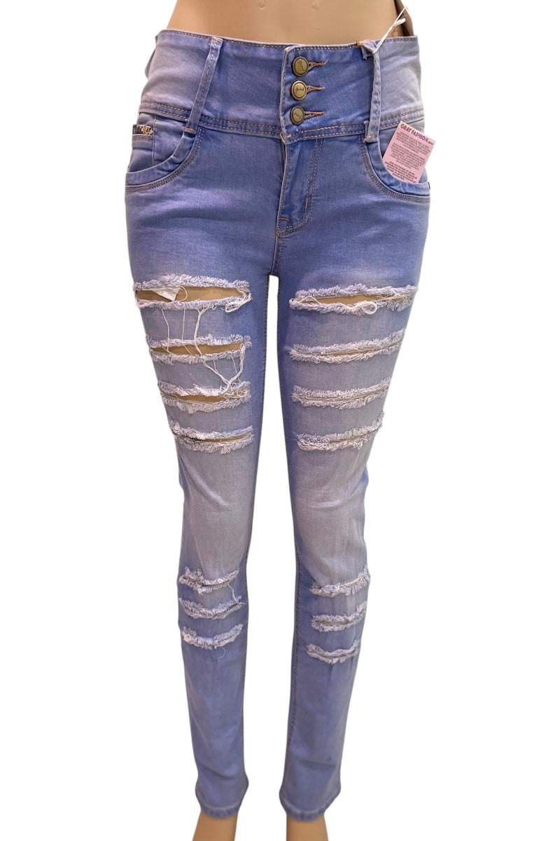Light blue distressed skinny jeans with a button fly and ripped details, shown on a mannequin against a white background.