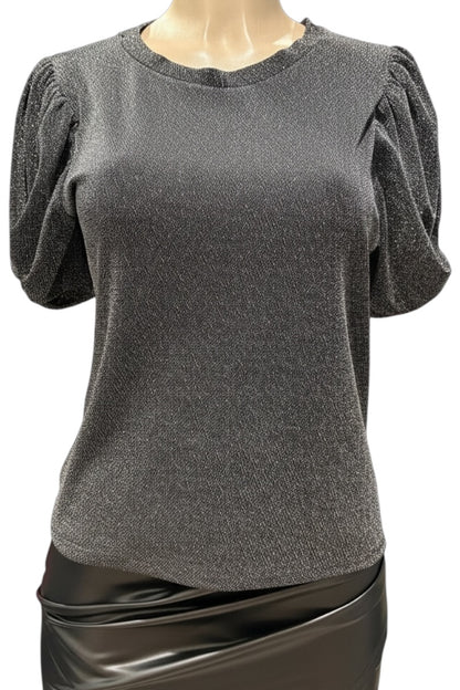 Gray glittery top on a mannequin with a black skirt
