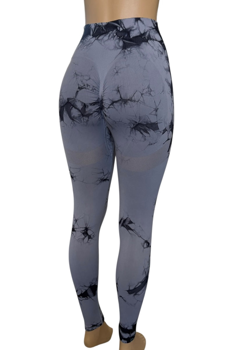 Gray leggings with black abstract pattern on a white background