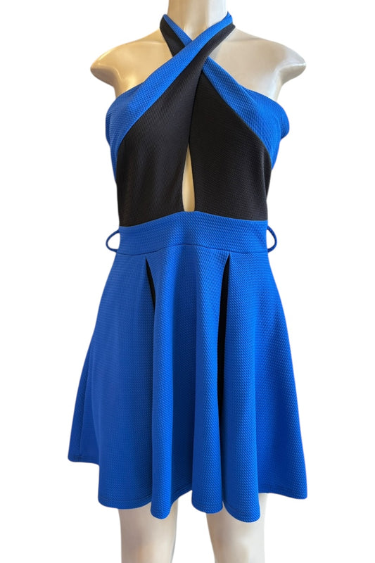 Blue and black dress on a mannequin against a white background