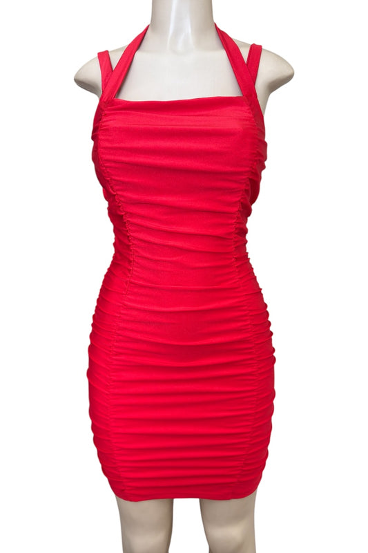 Red dress on a mannequin against a white background