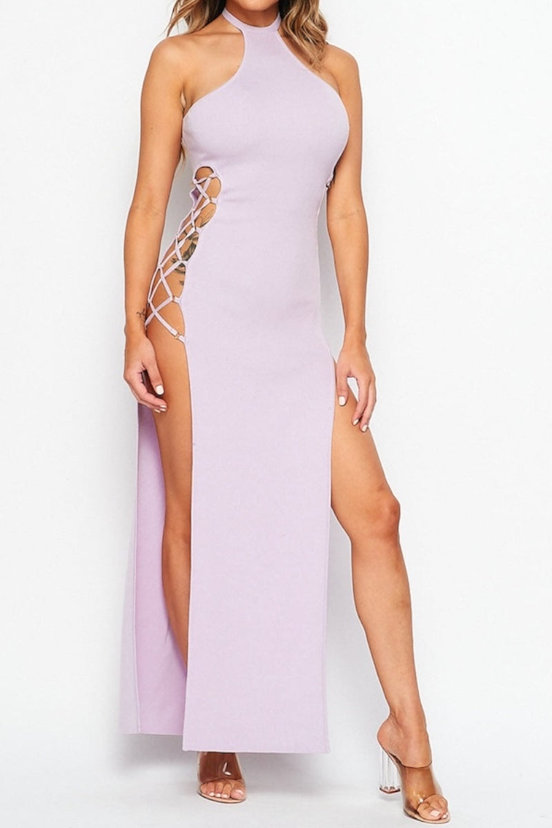 Lavender halter neck dress with high slit on a white background