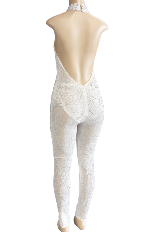 White rhinestone bodysuit on a mannequin against a white background