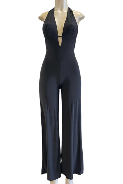 Halter Slinky Flared Jumpsuit - Black