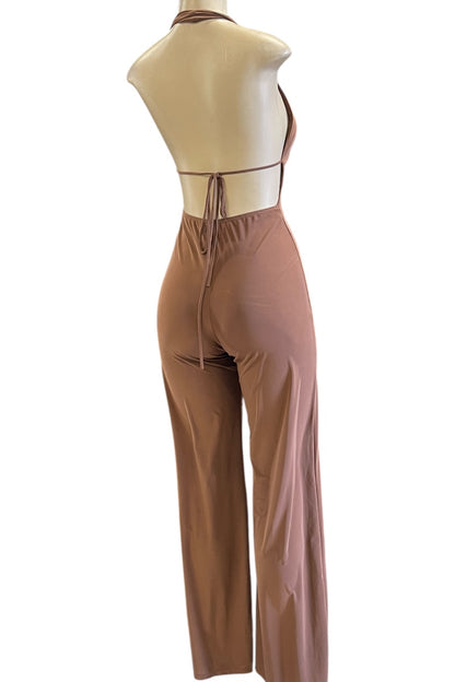 Halter Slinky Flared Jumpsuit - Chocolate