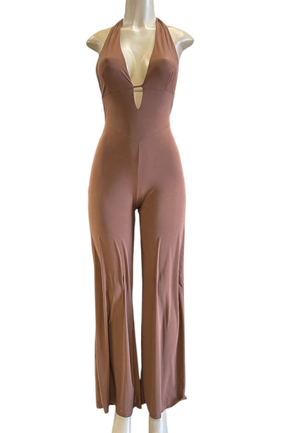 Halter Slinky Flared Jumpsuit - Chocolate