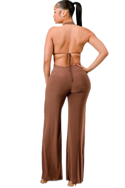 Halter Slinky Flared Jumpsuit - Chocolate