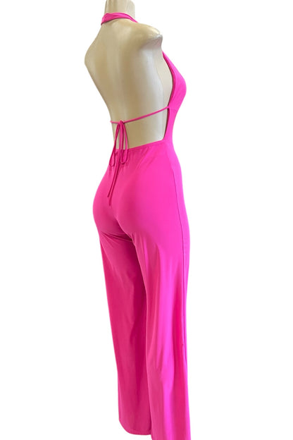 Halter Slinky Flared Jumpsuit - Fuchsia