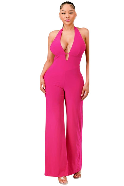Halter Slinky Flared Jumpsuit - Fuchsia