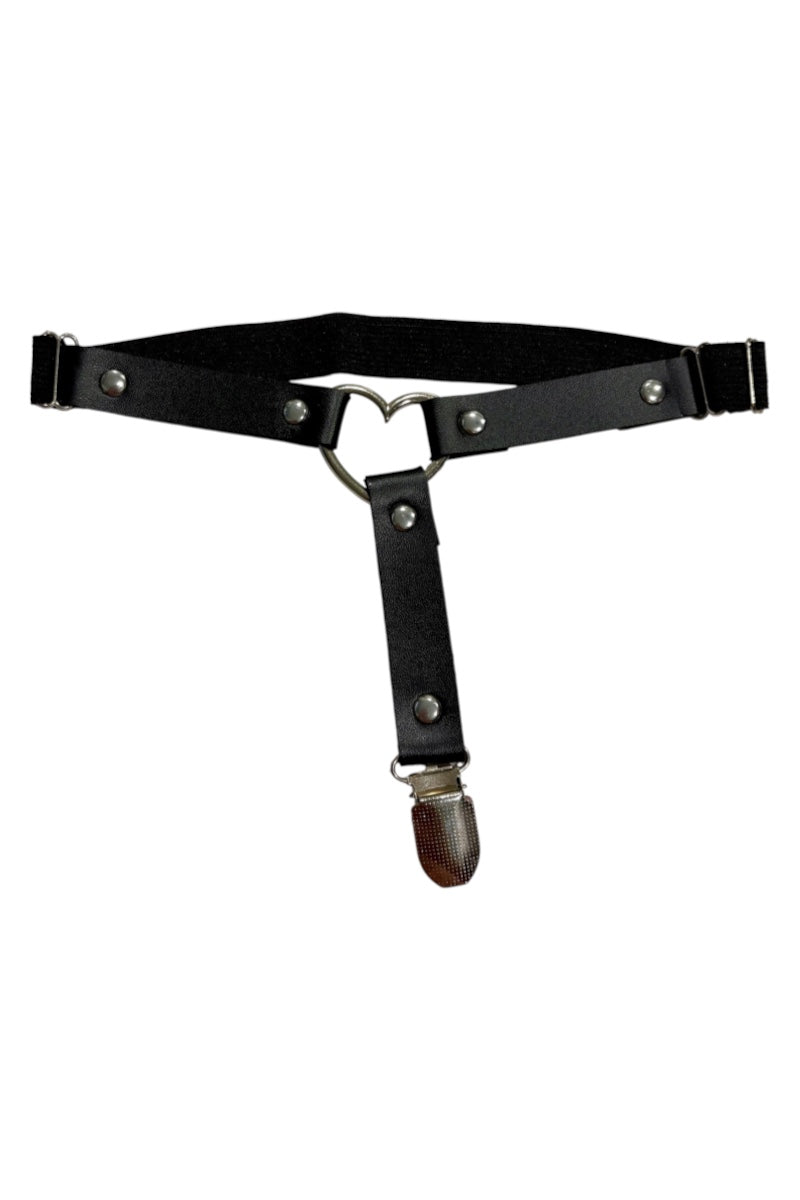 A black faux-leather suspender belt with silver metal rivets and a snap hook clasp at the bottom, displayed against a solid white background.
