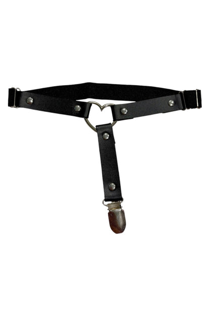 A black faux-leather suspender belt with silver metal rivets and a snap hook clasp at the bottom, displayed against a solid white background.