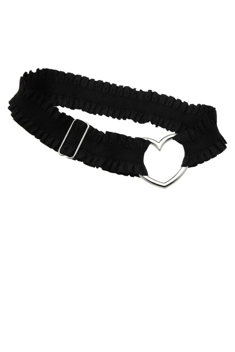 A black ruffled elastic belt with a silver-tone metal buckle and a heart-shaped accent on the front, displayed on a solid white background.