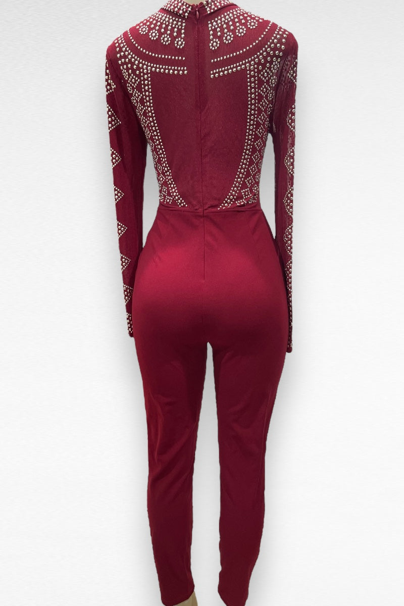 Heart Shaped Studded Long Sleeve Jumpsuit