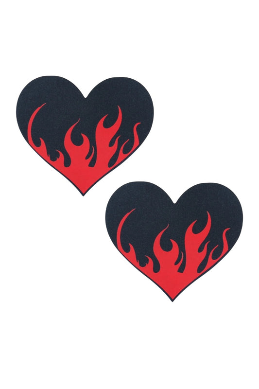 Two black hearts with red flames on a white background