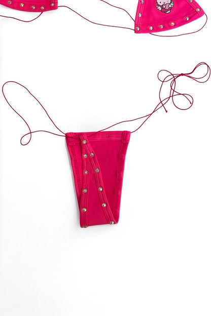 Kitty Studded String Bikini Set - Hot Pink