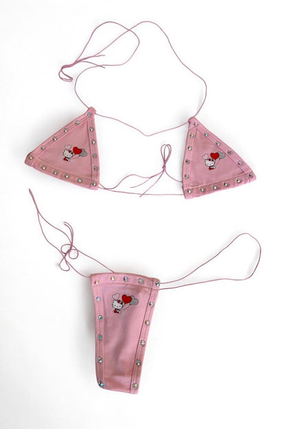 Kitty Studded String Bikini Set - Pink