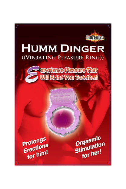 Product packaging for 'Humm Dinger' vibrating pleasure ring with red background and purple ring.