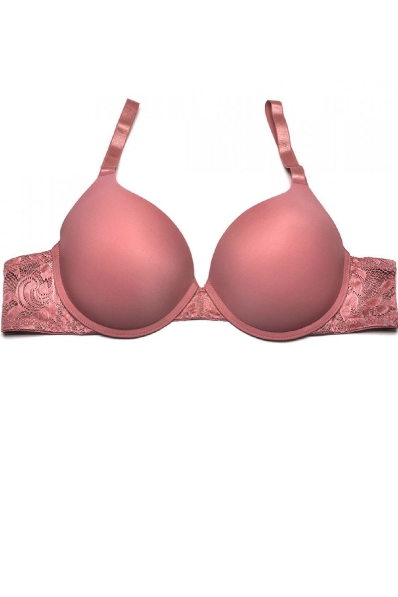 Pink bra with lace details on a white background