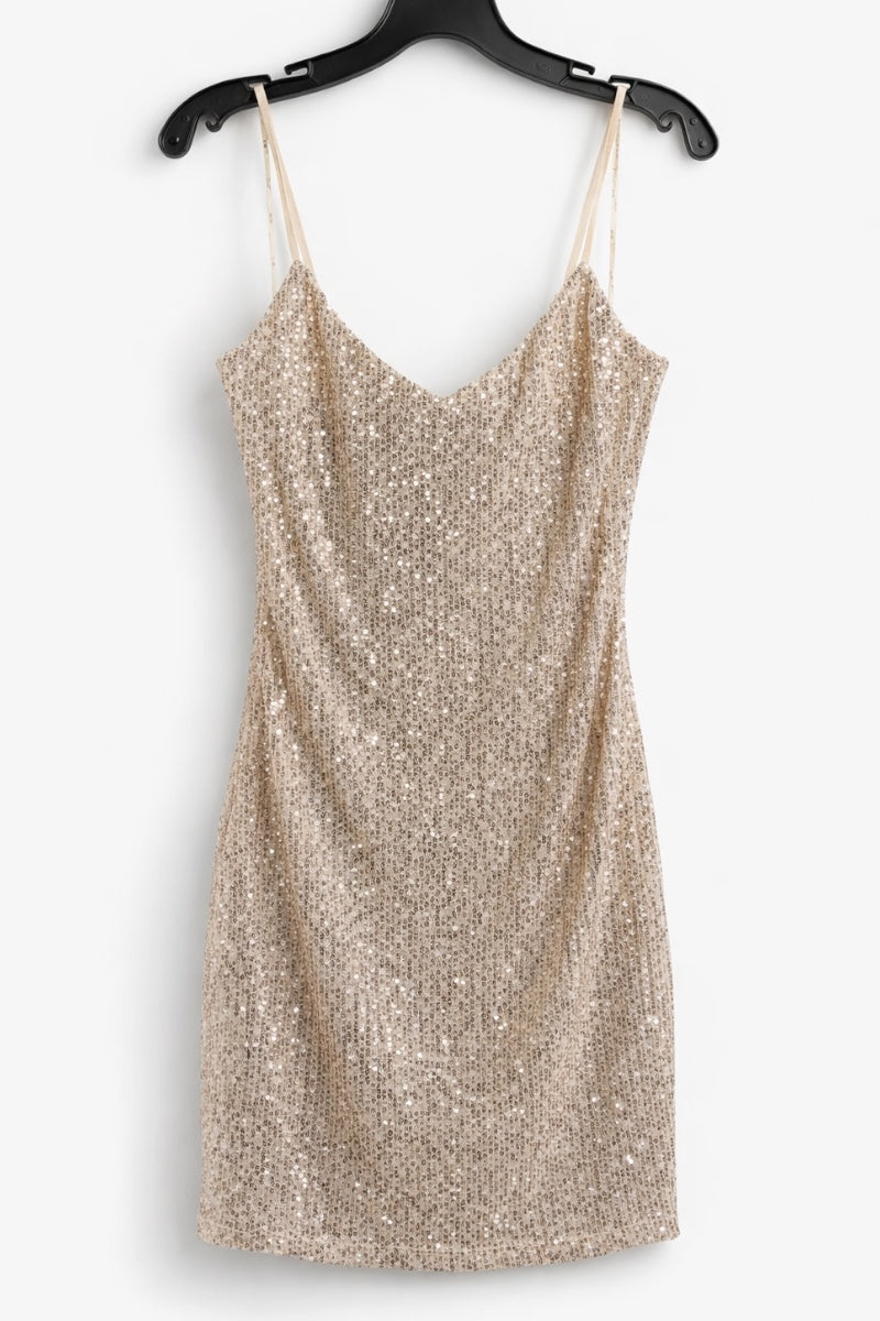 sequin dress on a hanger against a white background