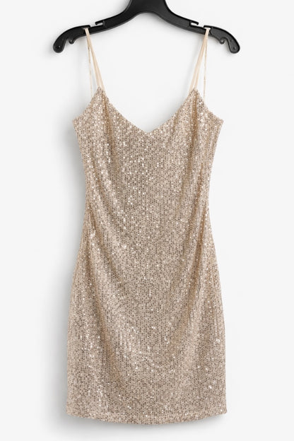 sequin dress on a hanger against a white background