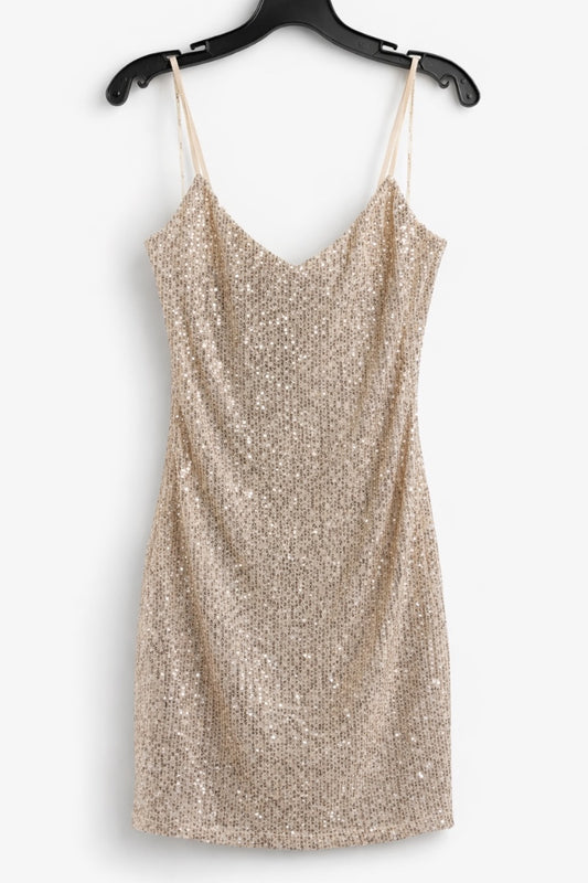 sequin dress on a hanger against a white background