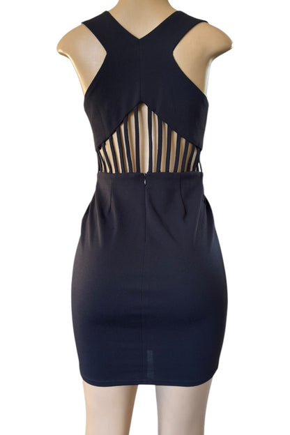 Black dress with cut-out design on a mannequin against a white background