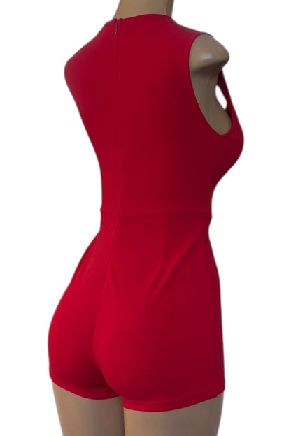 Red romper on a mannequin against a white background