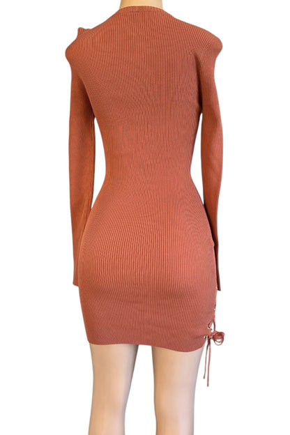 Terracotta ribbed knit dress on a white background
