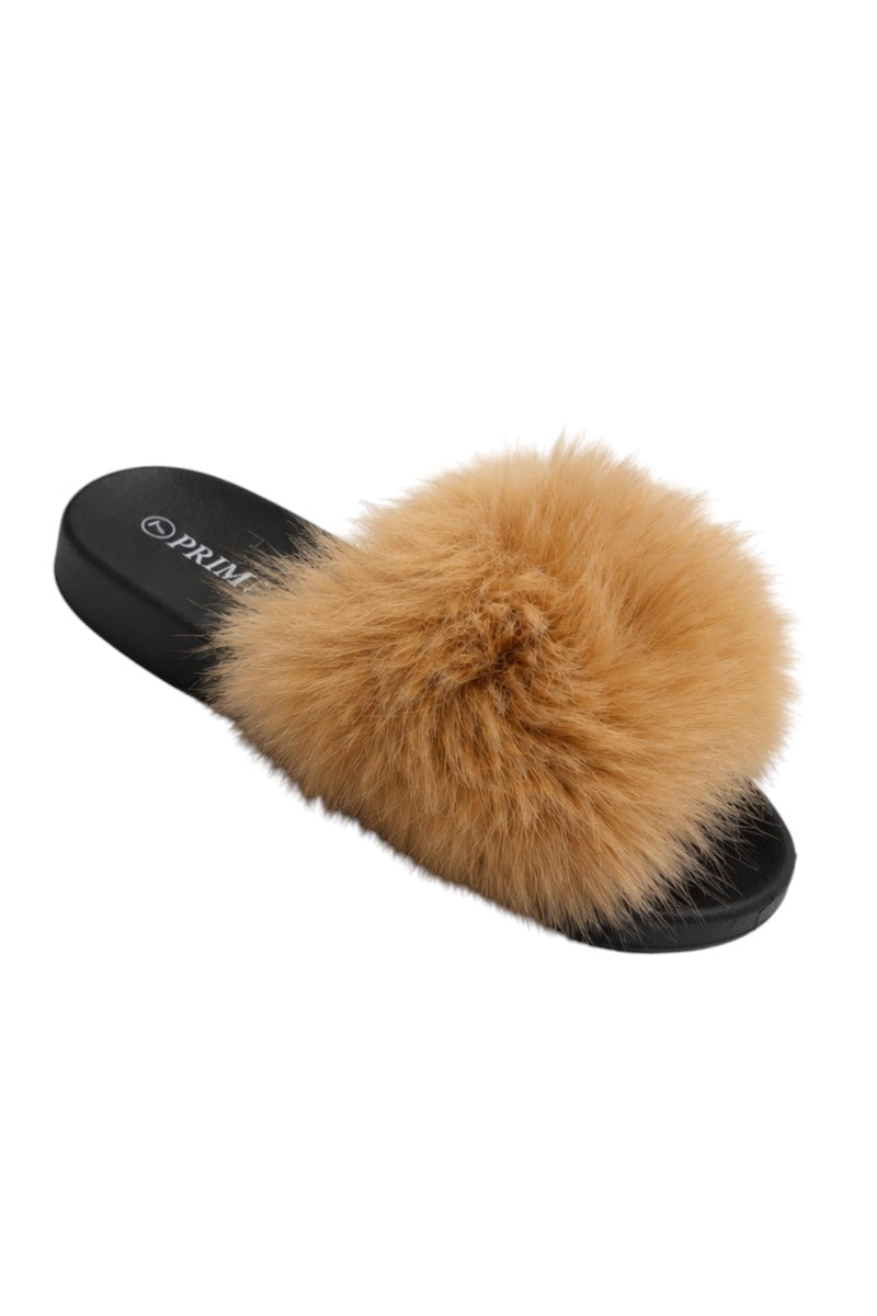 Camel color fur slide sandal on a white background