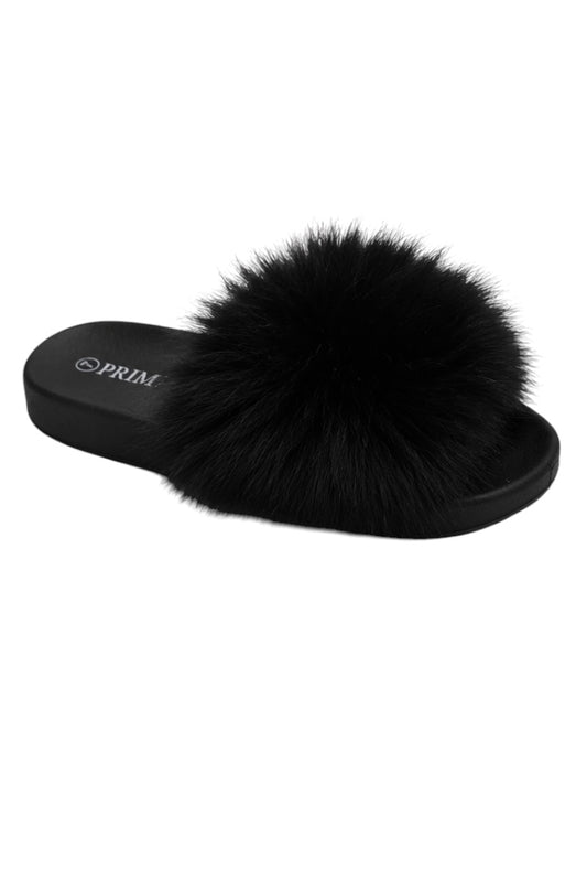 Black fluffy slide sandal on a white background