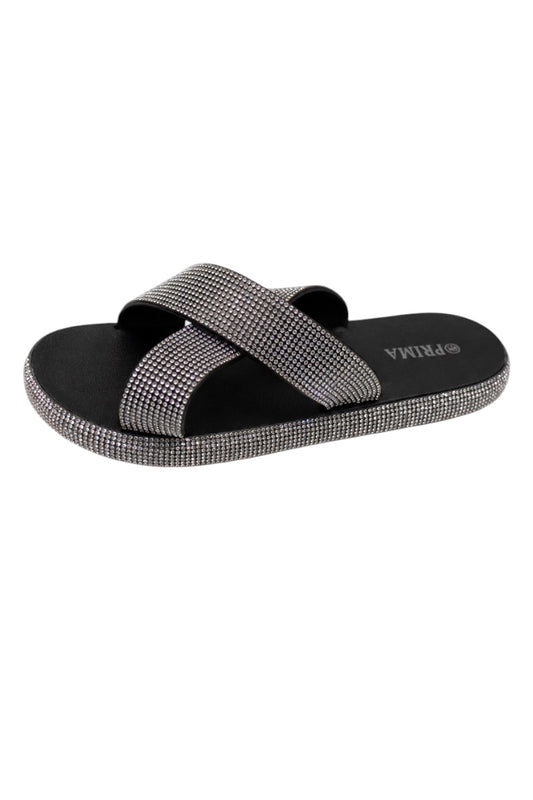 Black slide sandal with gray criss-cross straps on a white background