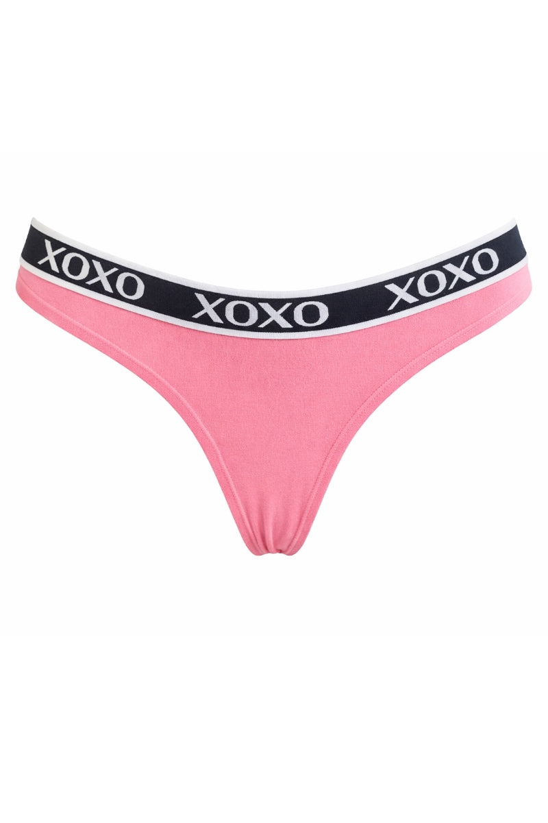 Pink thong with XOXO waistband on a white background