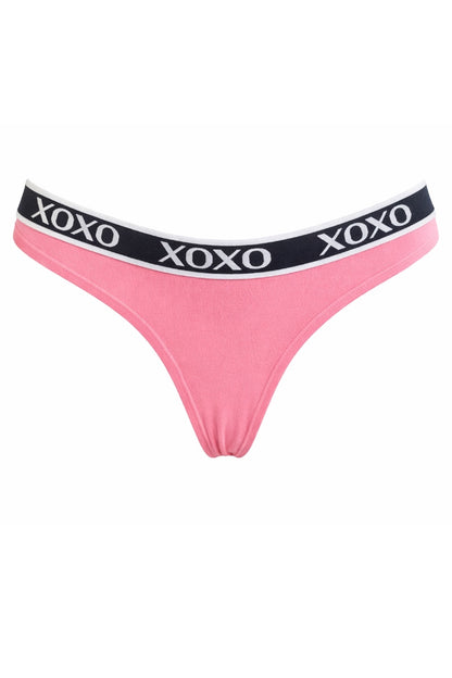 Pink thong with XOXO waistband on a white background