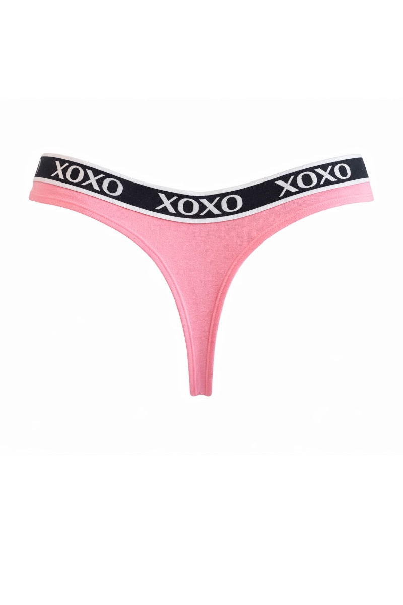 Pink thong with black waistband featuring 'XOXO' text on a white background