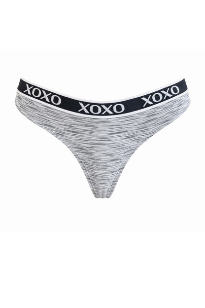 Gray thong with XOXO waistband on a white background
