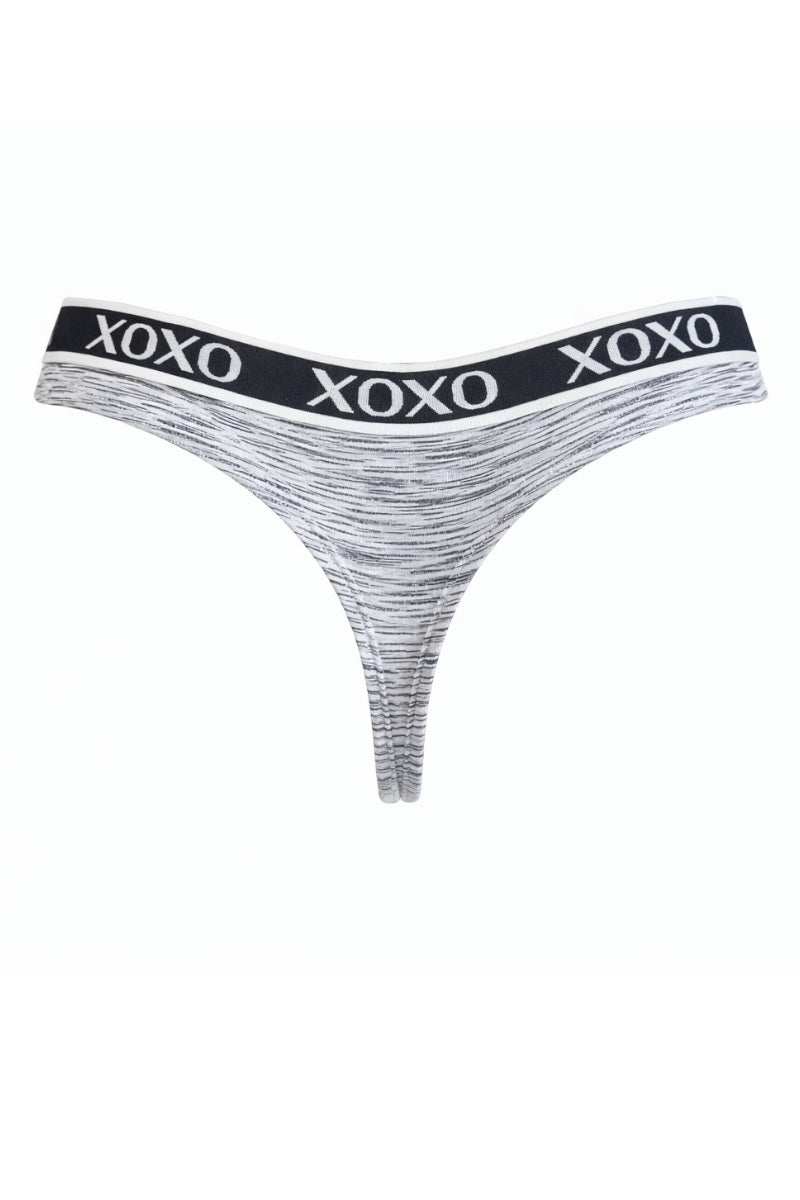 Gray thong with 'XOXO' waistband on a white background