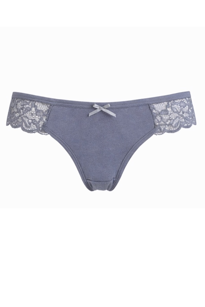 Gray lace-trimmed underwear on a white background