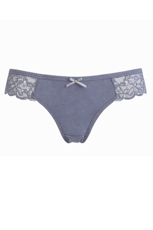 Gray lace-trimmed underwear on a white background
