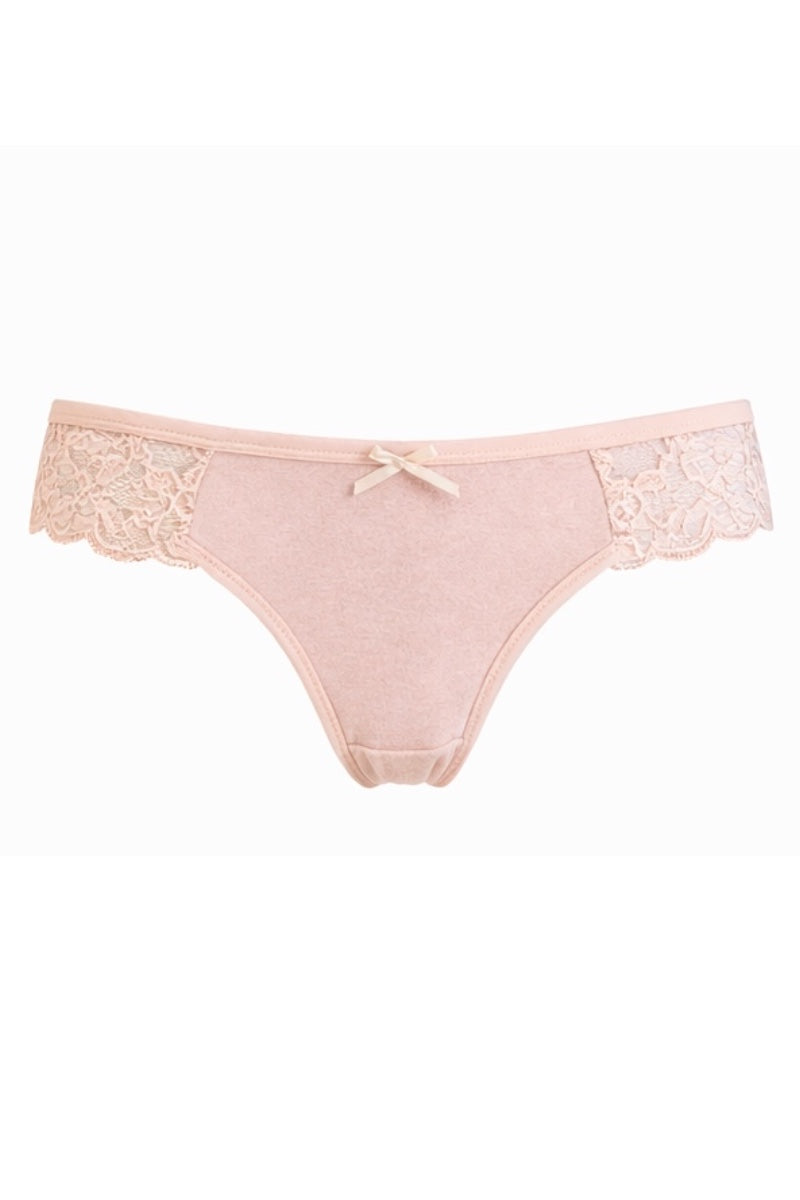 Beige lace thong on a white background