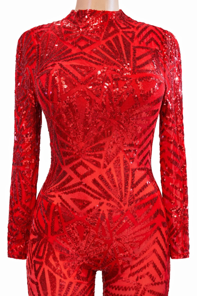 Red sequin outfit with long sleeves on a mannequin against a white background