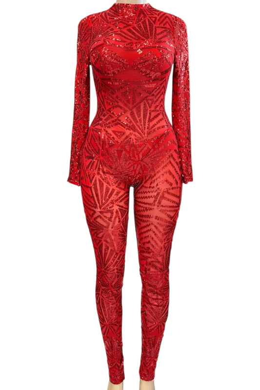 Red sequin jumpsuit on a white background