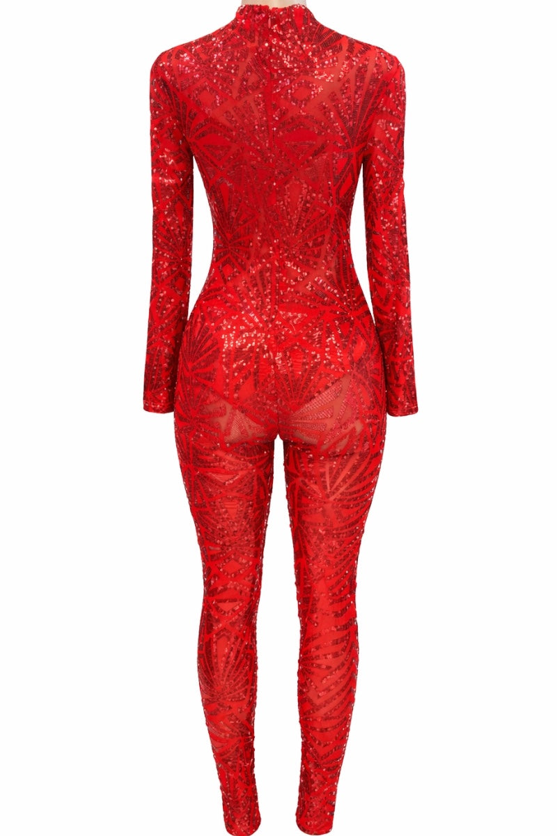 Red sequin jumpsuit on a white background