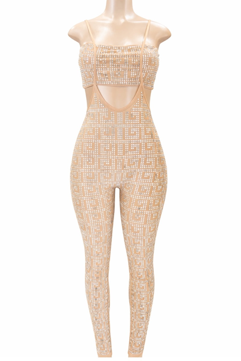 Mannequin wearing a beige beaded jumpsuit on a white background