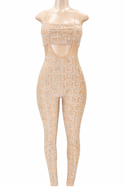 Mannequin wearing a beige beaded jumpsuit on a white background