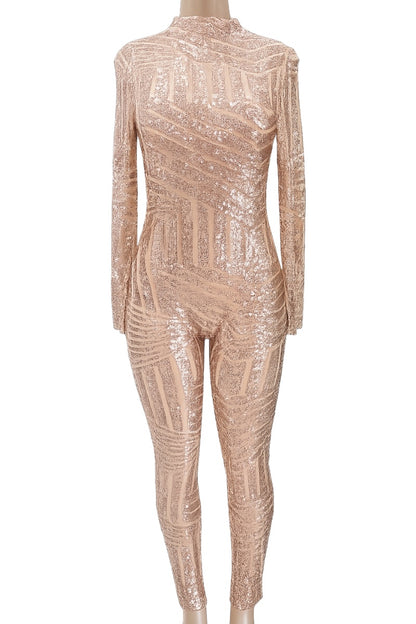 champagne gold sequin jumpsuit on a white background