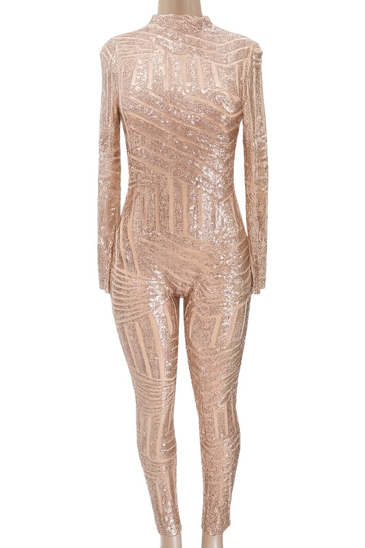 champagne gold sequin jumpsuit on a white background