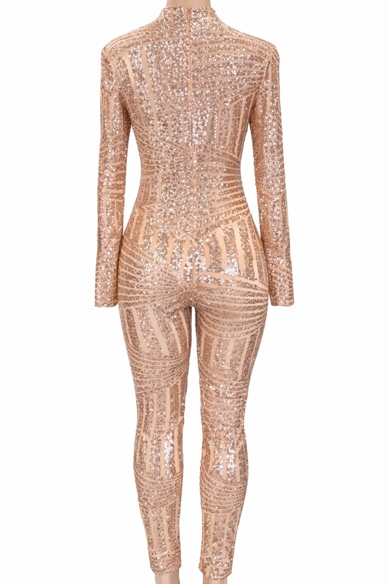 champagne gold sequin jumpsuit on a white background