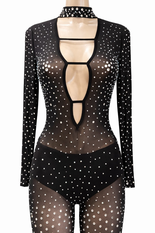 Black bodysuit with long sleeves and cut-out design on a white background